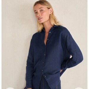 Talbots Women's Button Up Long‎ Sleeve Solid Linen Blue Plus Size 2X